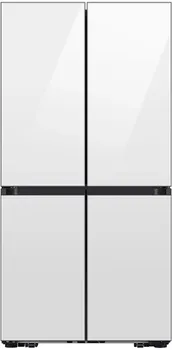 Front view of the Samsung RF29DB960012 Bespoke white glass refrigerator 