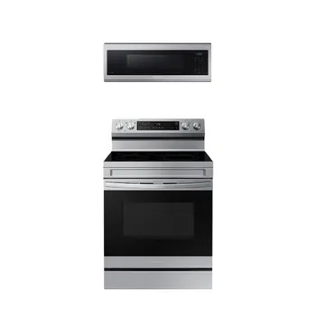Front view of a Samsung 2-piece appliance package with the Samsung NE63A6511SS range and ME11A7510DS microwave 