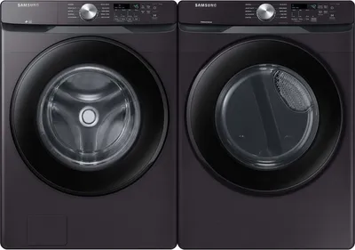 Front view of a Samsung WF45T6000AV washer and Samsung DVE45T6000V dryer