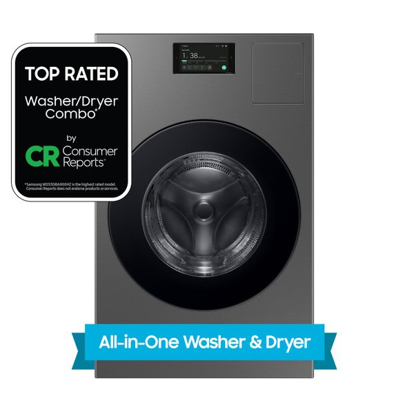 The Samsung WD53DBA900HZ washer dryer combo with a Consumer Report banner 