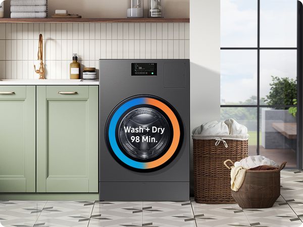  A graphic illustrating the Samsung WD53DBA900HZ washer dryer combo 98-minute wash and dry feature