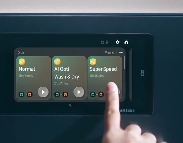 A close-up of the Samsung WD53DBA900HZ wash tower AI option 