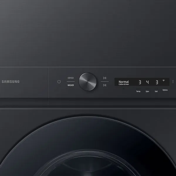 A close-up of the Samsung WH46DBH500EV laundry center controls 