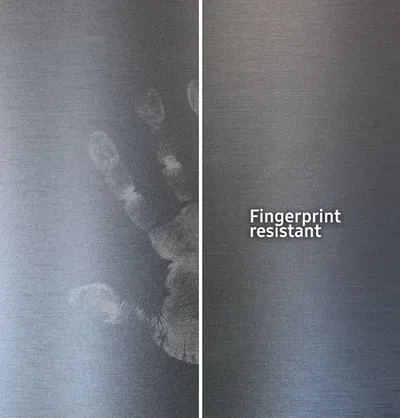 Credit: Samsung An infographic showing a handprint next to a Samsung fingerprint resistant black stainless steel finish