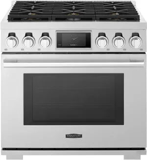 Front view of the Signature Kitchen Suite SKSGR360S range 