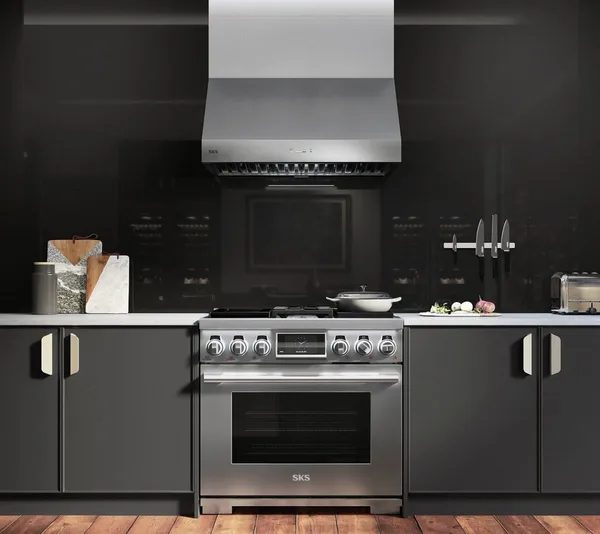 The Signature Kitchen Suite SKSPH3602S range hood with a matching range 