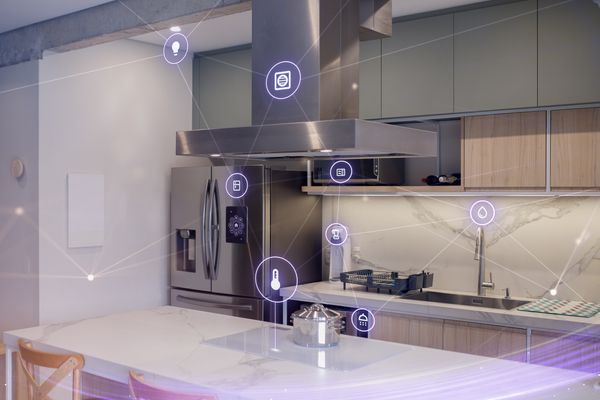 A kitchen with digital widgets 