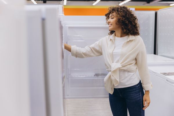 A smiling woman inspecting a refrigerator