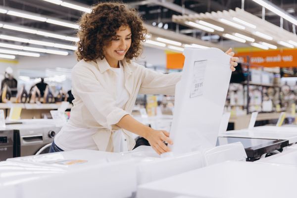 A smiling woman inspecting a top load washer in a store