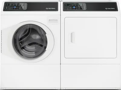 Front view of a Speed Queen FF7009WN washer and Speed Queen DF7004WE dryer
