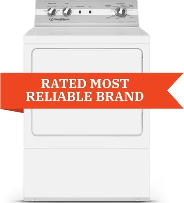 A graphic of a Speed Queen washer with a banner for the Rated Most Reliable Brand
