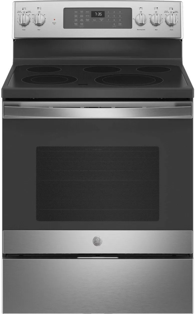 stainless steel and black range with storage drawer