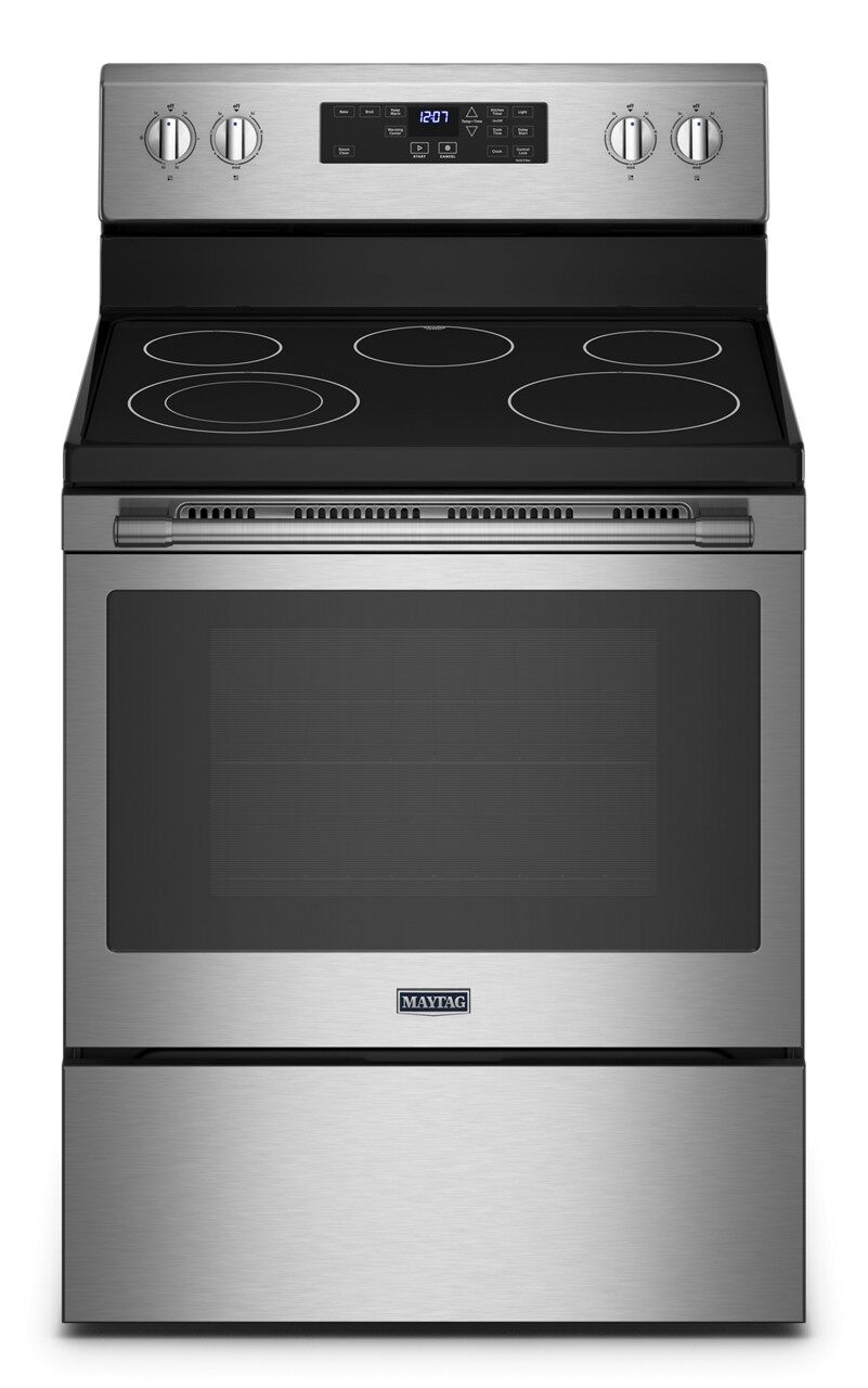 stainless steel range with black cooktop