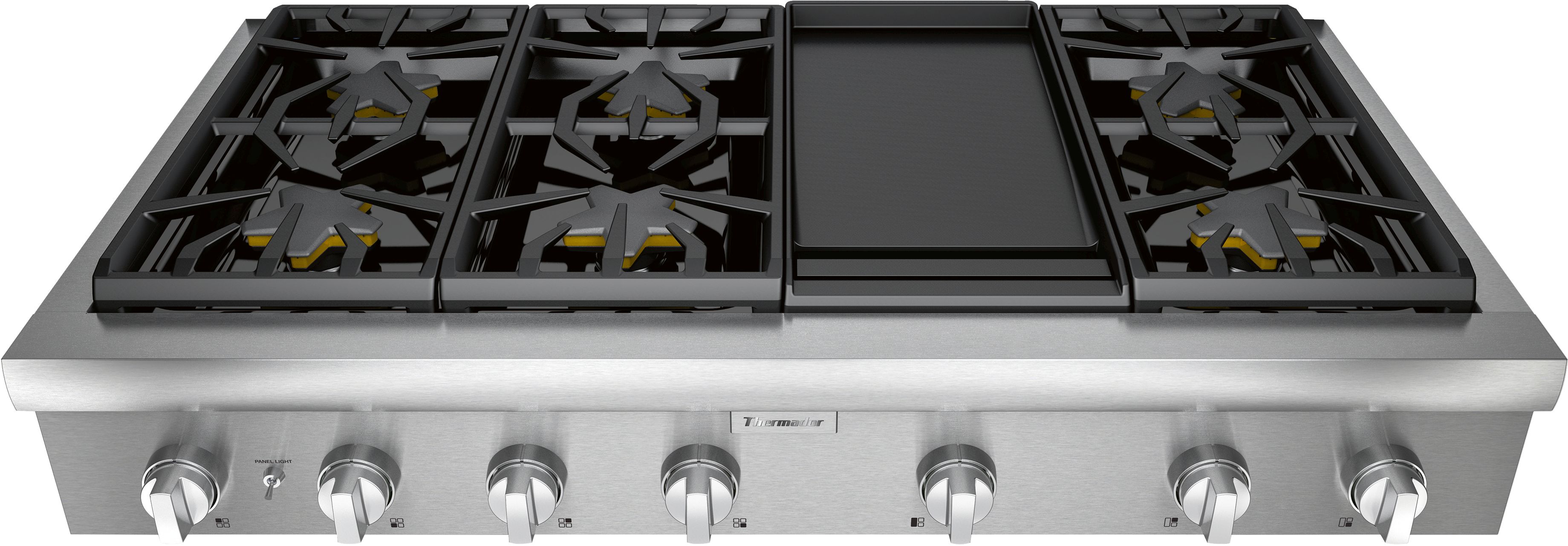 stainless steel rangetop with griddle and porcelain cooktop