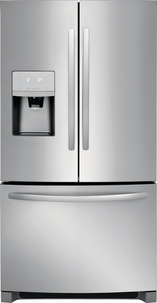 stainless steel french door refrigerator with ice maker on left door and bottom freezer