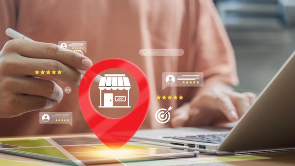 An infographic of a store icon with online reviews and star ratings 