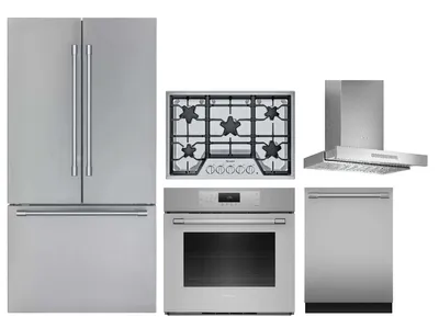 A Thermador kitchen package with a T36FT820NS refrigerator, DWHD640EFP dishwasher, ME301YP oven, SGS305TS cooktop, and HDDB30WS range hood  