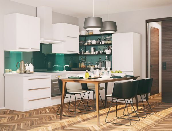 A teal-and-white kitchen with modern décor 
