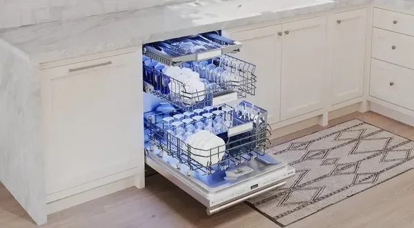 The Thermador DWHD661EFP dishwasher with its door open