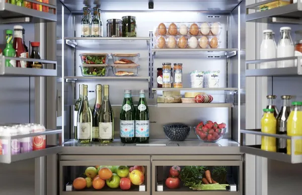 The Thermador Freedom T42BT120NS refrigerator interior featuring a variety of foods and beverages