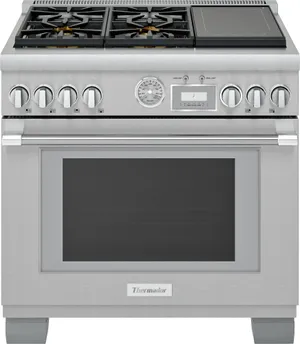 Front view of the Thermador Pro Grand PRD364WIGU dual fuel range