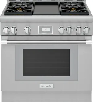 Front view of the Thermador Pro Harmony PRD364WDHU dual fuel range