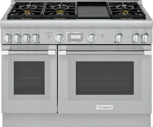 Front view of the Thermador Pro Harmony PRD486WDHU dual fuel range