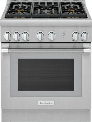 Front view of the Thermador Pro Harmony PRG305WH gas range