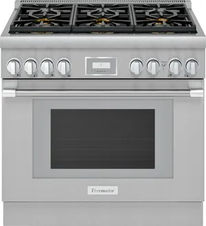 Front view of the Thermador Pro Harmony PRG366WH 36” gas range