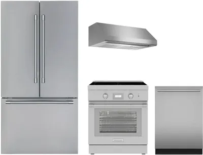 Thermador appliance package featuring the T36FT820NS refrigerator, PRI30LBHU range, DWHD640EFP DWHD640EFM, and HMWB30WS range hood 
