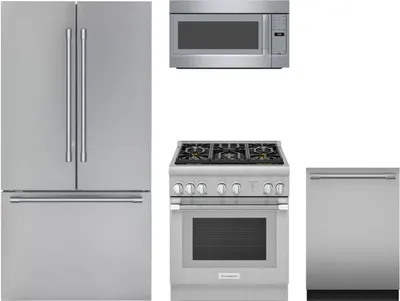 Thermador appliance package featuring the T36FT820NS refrigerator, PRD305WHU range, DWHD640EFP dishwasher, and MU30WSU microwave