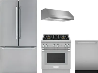 Thermador appliance package featuring the T36FT820NS refrigerator, PRG304WH range, DWHD640EFP dishwasher, and HMWB30WS range hood 