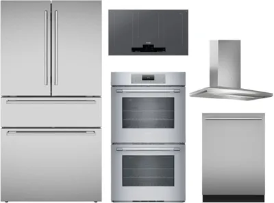 The Thermador T36FL821NS refrigerator, CIT367YG cooktop, ME302YP wall oven, DWHD640EFM dishwasher, and HMCB36WS range hood 