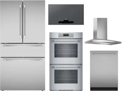 Thermador appliance package featuring the T36FL821NS refrigerator, CIT367YG cooktop, ME302YP oven, DWHD640EFM dishwasher, and HMCB36WS range hood 