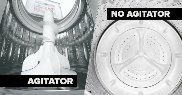 infographic comparing the insides of a washer with an agitator vs a washer without an agitator