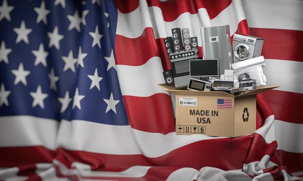 A graphic of appliances in a box against a USA flag in the background
