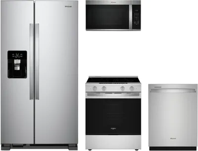 A Whirlpool appliance bundle featuring the WRS325SDHZ refrigerator, WSES7530RZ range, WDT750SAKZ dishwasher, and WMMS3330RZ microwave