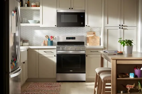 The Whirlpool WFGS5030RZ gas range in a kitchen