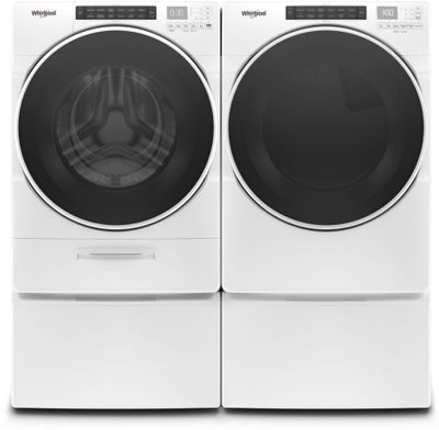 Front view of a Whirlpool WFW8620HW washer and Whirlpool WED8620HW dryer