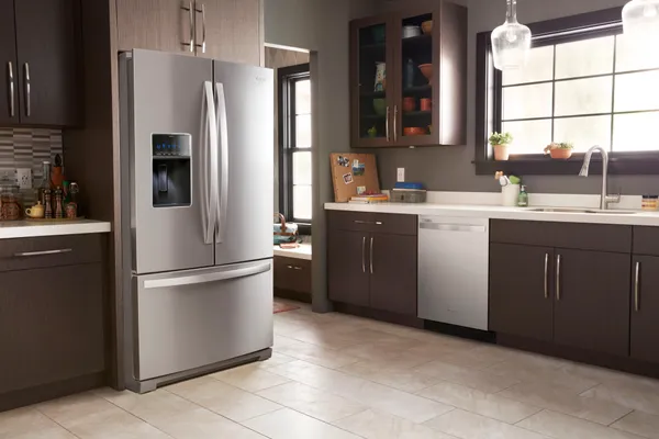 The Whirlpool WRF757SDHZ refrigerator in a kitchen 