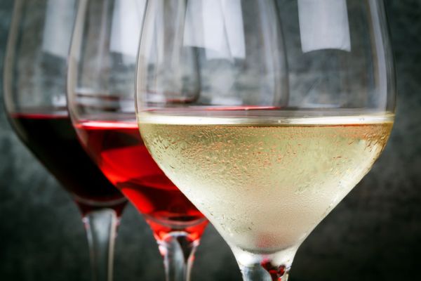 A close-up of various wine glasses 