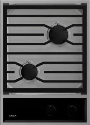 Overhead view of the Wolf CG152TF/S 15” 2-burner gas cooktop