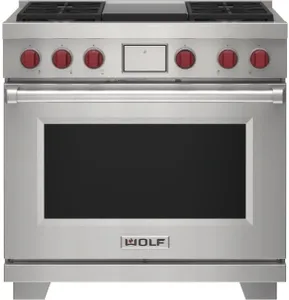 Front view of the Wolf DF36450G_S_P_LP dual fuel range 