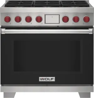 Front view of the Wolf DF36650/BK/P dual fuel range