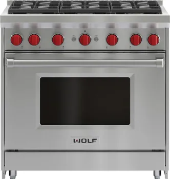Front view of the Wolf GR366 gas range 