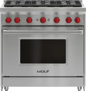 Front view of the Wolf GR366-LP gas range