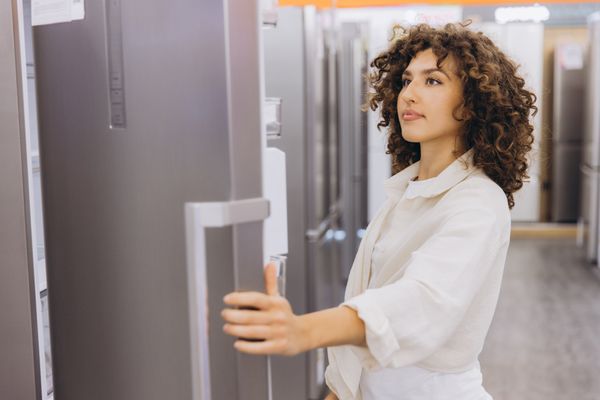 A woman inspecting a refrigerator in a store 