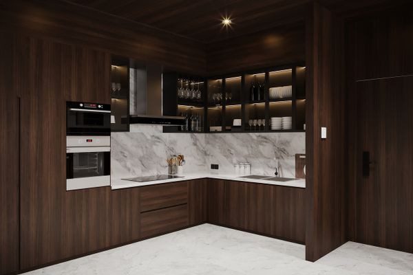 A luxury kitchen with wooden cabinetry and high-end appliances