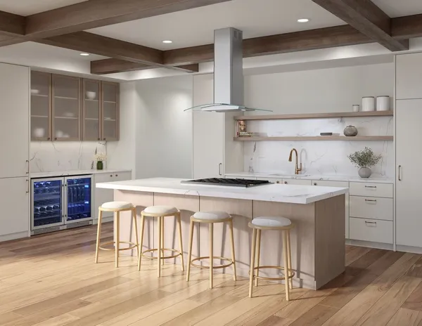 The Zephyr Brisas BLM BML-E30CG range hood in an open concept kitchen 