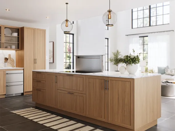 The Zephyr Designer series ZTV-E36AS range hood in an open kitchen 